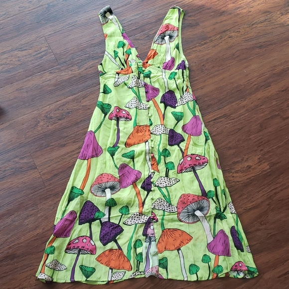 Farm Rio Lime Green Psychedelic Mushroom Midi Dress Size Medium Boho Festival - Picture 2 of 11